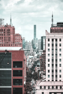 Retro toned picture of New York cityscape, Manhattan, USA.