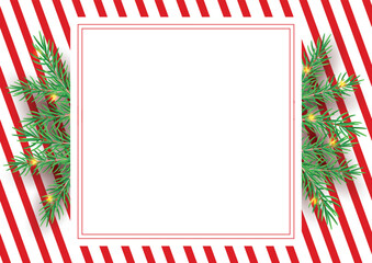 Stripes candy cane pattern with Christmas tree green branches. Diagonal straight lines Christmas background. Red and white peppermint wrapping paper. Simple trendy backdrop illustration