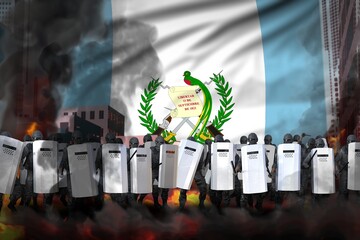 Guatemala police officers on city street are protecting state against demonstration - protest fighting concept, military 3D Illustration on flag background