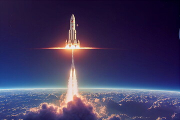 Space rocket leaves planet earth. Illustration generated by ai, is not based on any real image