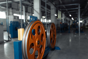 production of glass fiber fiber optic cable in the factory, Internet telecommunications wires in...