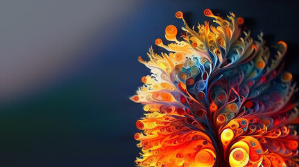 Fantasy paper quilling Christmas tree with gifts. Christmas card background.