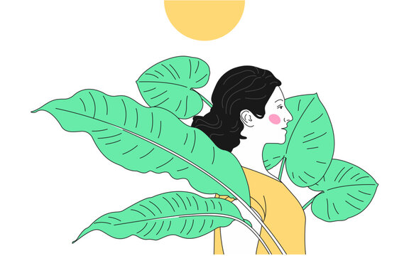 A woman with bare shoulders holds a palm leaf in her hand and looks to the side outline illustration. Skin care. Perfect Skin. vector illustration.