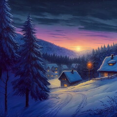 Winter landscape at Christmas illuminated at night with houses and decorated