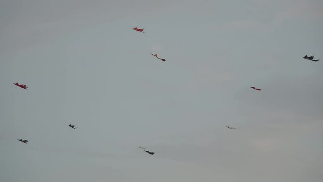 Balinese Traditional Kites JANGGAN and BEBEAN on Bali Kite Festival Summer Sky Slow Motion