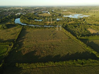 Fototapeta na wymiar Aerial view of Paddington meadows and Woolston Eyes wetlands on River Mersey, Warrington, England