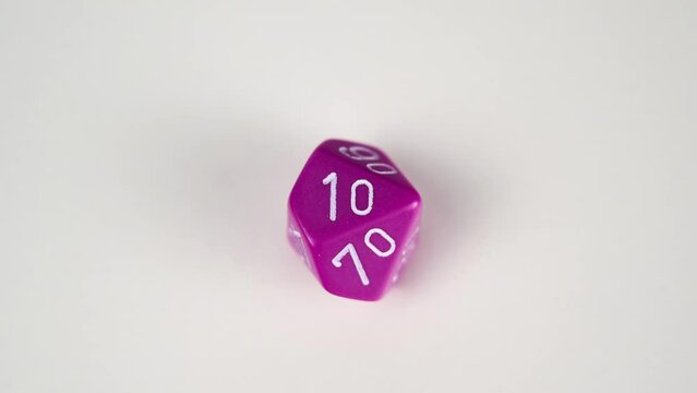 Stop frame animation of a purple D10 Percentile gaming die used for table top role playing games