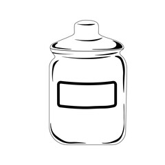 A glass jar with a lid for cookies. Vector stock illustration. Glassware for storing sweets and cereals in the kitchen. Bulk products. Sticker, template. Isolated on a white background.
