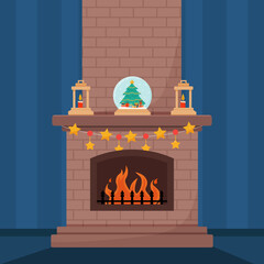 Classic Christmas fireplace with socks, Christmas lanterns, candles and glass snow globe. Celebrating New Year and Christmas. Vector illustration in cartoon style.