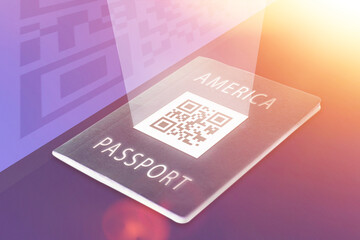 QR on cover of U.S. passport. Introduction of electronic passports in country. Barcode on documents. Reading passport QR code.