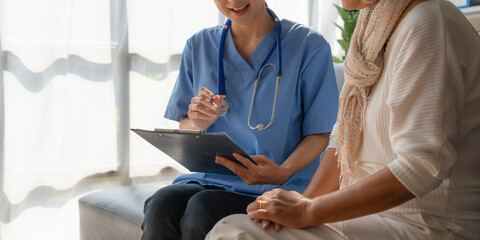Home healthcare nurse, physical therapy with senior adult woman at home