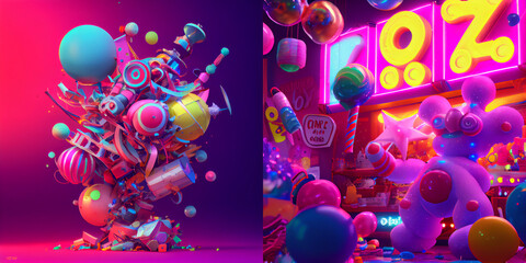 Christmas holiday mood, gifts toys, Christmas toys, neon light, Christmas tree, Color explosion, 3D render, Composition, Balls, New Year mood, collection, background with bubbles, collection