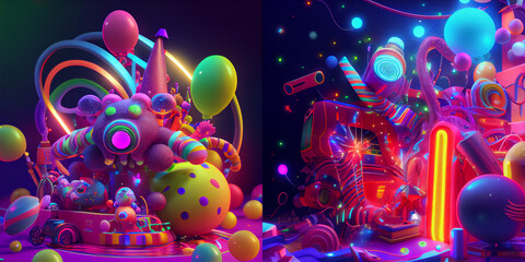 Fototapeta premium Christmas holiday mood, gifts toys, Christmas toys, neon light, Christmas tree, Color explosion, 3D render, Composition, Balls, New Year mood, collection, background with bubbles, abstract