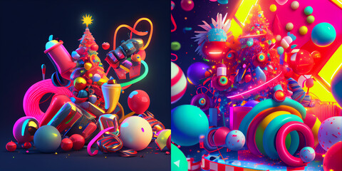 Christmas holiday mood, gifts toys, Christmas toys, neon light, Christmas tree, Color explosion, 3D render, Composition, Balls, New Year mood, collection, candles and confetti, abstract