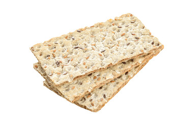 Stack of wholegrain dry crispy bread isolated on a transparent background in close-up