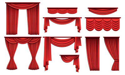 Red circus curtains. Stage drapes. Opening theater entrance. Drama in opera. Theatrical scene classical drapery. 3D velvet texture hanging cloth. Vector scarlet interior objects set © SpicyTruffel