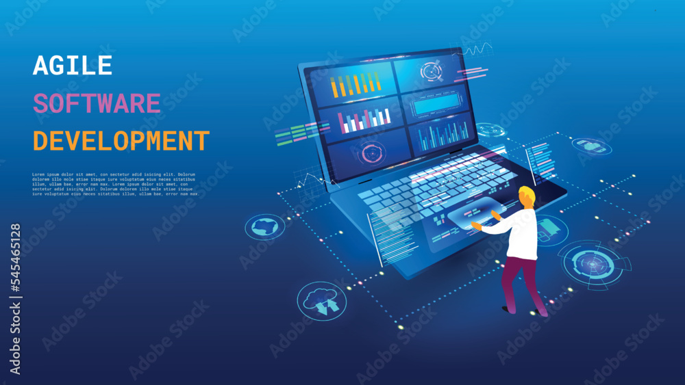 Fototapete Web software, api data program. Java code language, 3d network technology, glowing monitor screen. Business development, programming and information processing, vector design isolated concept