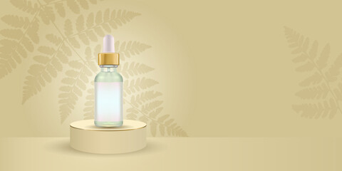 Glass bottles with a dropper on podium background . Vector illustration
