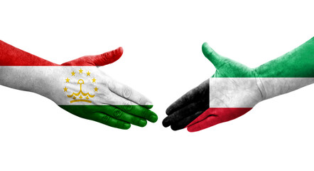 Handshake between Tajikistan and Kuwait flags painted on hands, isolated transparent image.