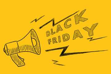 Megaphone with text black friday hand drawn on yellow background