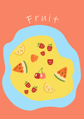 Ice cream. Fruit juicy pieces. Fresh berries. Watermelon slices. Cherry and strawberry. Lemon and orange. Dessert natural tastes. Summer meal. Doodle food drawing. Vector illustration