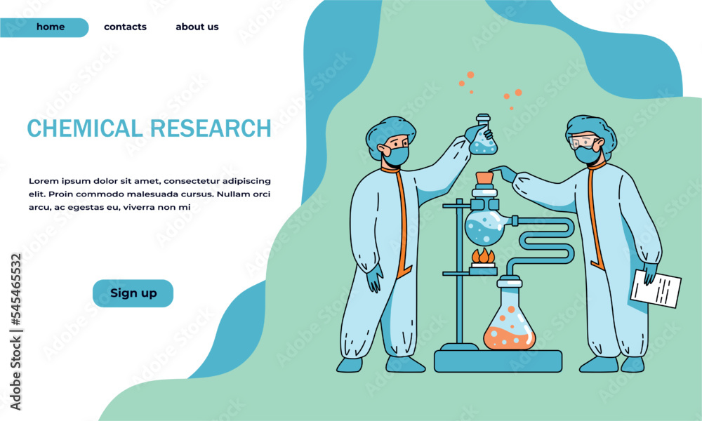 Aufkleber Landing page laboratory tests and experiments. Scientist research. Scientific workers with analysis flasks. Chemical lab. Chemists in protective uniform. Vector website design template