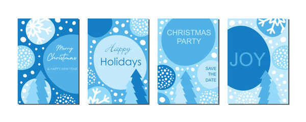 set of winter christmas postcards printable and for social media stories, collection of abstract vector frost blue templates with snow and fir trees