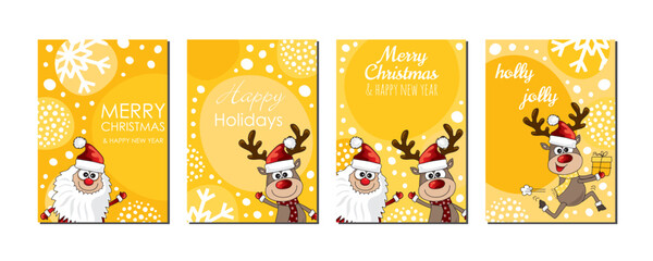 set of yellow christmas cards printable and for social media stories and advertising, collection of abstract templates with santa claus, rudolph, snow and fir trees