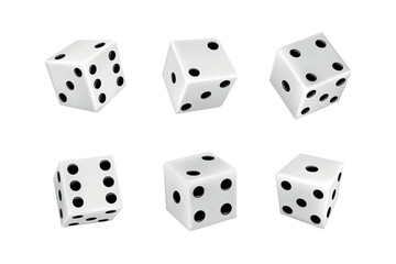 3D gaming dice. Cube signs. Black and white gambling game. Realistic casino objects set. Casino gamble. Square shapes with dot numbers. Different view angle. Vector isolated illustration
