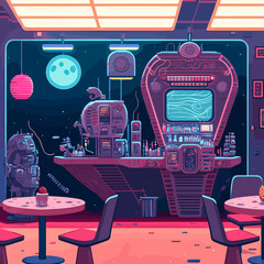 Colourful illustration of a futuristic cyberpunk cafe