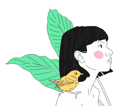 Young pensive girl with a cute whistling sparrow on her shoulder outline illustration.vector illustration.