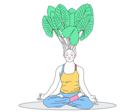 Woman meditating in yoga asana Padmasana Lotus pose with outline illustration. vector illustration. yoga concepts.