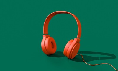 Bright orange headphones on green background. 3D render