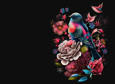 Beautiful Tropical Bird On The Branch In Exotic Flowers In Vintage Style. Exotic Bird On Dark Background In Tattoo Style, Digital Illustration For T Shirt, Prints, Posters, Postcards, Stickers,	Tattoo