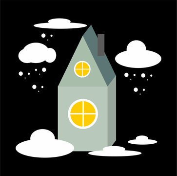 A small snow-covered house in the night.Black sky, white snow, flat style