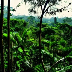 beautiful scene of sunset evening in tropical forest with trees