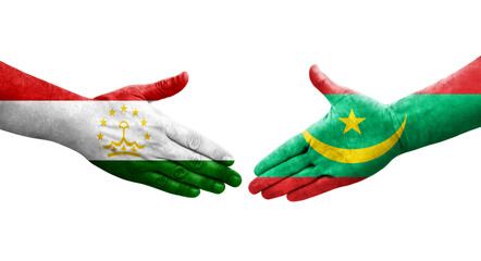 Handshake between Tajikistan and Mauritania flags painted on hands, isolated transparent image.