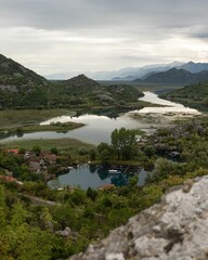Vertical shot of a river in the forested mountains
