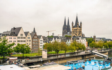 Gorgeous embankment of Cologne including   on Great St. Martin church  View from Severins Bridge