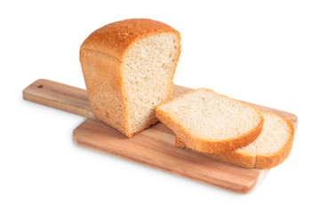 Homemade organic baked loaf of bread made of wheat flour and yeast sliced on wooden cutting board isolated on white background used as source of carbohydrates and vegetable proteins served as snack