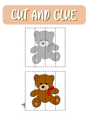 Cut and glue game for kids . Bear puzzles. Children funny entertainment and amusement.Vector illustration. Cutting practice for preschoolers.