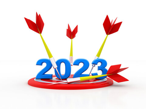 2023 New Year target and goals on white background, 2023 year with business objective target and goal for new year concept. Economic and financial growth in 2023. 3d render illustration 