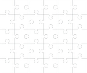 Jigsaw blank template or cutting guidelines of 30 pieces, 6 x 5 tiles vector puzzle game