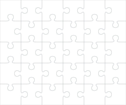 Jigsaw blank template or cutting guidelines of 30 pieces, 6 x 5 tiles vector puzzle game