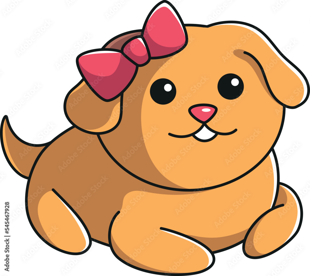 Sticker Cartoon-style cute puppy with a bow ribbon isolated on a white background.