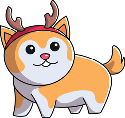 Cartoon-style cute puppy with Christmas deer antlers isolated on a white background.