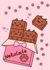 Kawaii anime illustration with neko cat chocolate. Asian product. Hand drawn trendy girly background. Cute cartoon character on sweet food package.