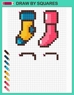 Draw socks by squares. Copy the picture. Game for kids.