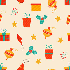 Seamless Christmas pattern with gifts, candles, holly, Christmas toys