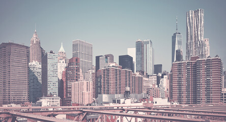 Retro toned New York City panorama, Manhattan, USA.